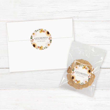 Custom bridal shower stickers featuring summer wildflowers in yellow, orange, and blush, perfect for favors, gifts, and envelope seals.