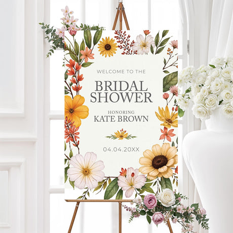 Bridal shower welcome sign featuring watercolor summer wildflowers in yellow, orange, and blush, printed on high-quality material for elegant event décor.