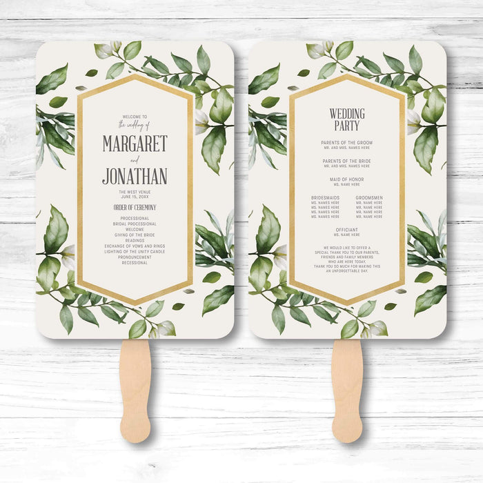 Botanical greenery wedding program fan with vine illustration, wooden handle, and double-sided layout for ceremony details and wedding party info