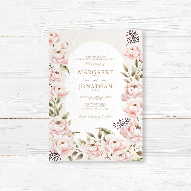 Blush floral wedding invitation with soft watercolor peonies and gold accents. Printed on premium textured cardstock, perfect for elegant and classic wedding themes.