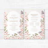 Romantic floral wedding program featuring blush watercolor peonies and soft gold details. Printed on premium cardstock for vintage, classic, and elegant weddings.