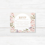 Floral RSVP card with blush peonies and a gold-accented border. Customizable with guest responses and meal selections. Printed on high-quality textured cardstock.