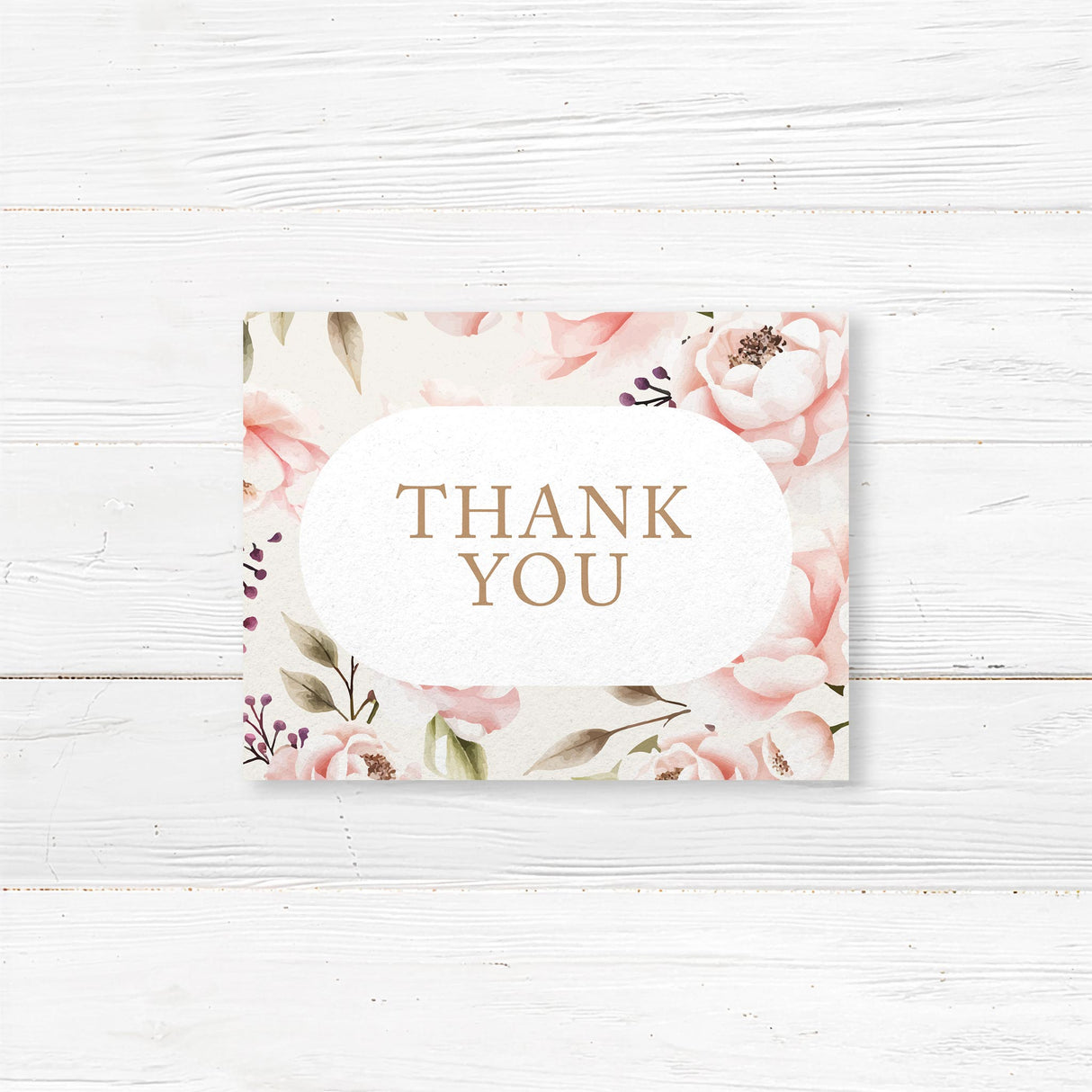Beautiful blush floral wedding thank you card featuring soft watercolor peonies. Printed on premium textured cardstock with optional envelopes for a refined touch