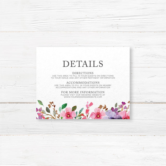 Elegant wedding details card with soft watercolor florals in pink and purple. Provides reception, accommodations, and event details. Printed on premium cardstock for a coordinated floral wedding invitation suite.