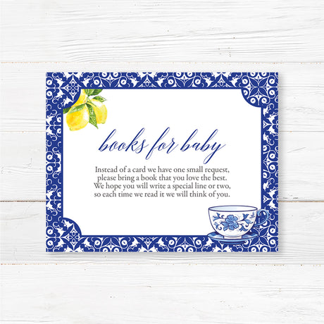 Books for Baby insert card featuring a blue floral tea cup and lemons, designed to match a Tea Party baby shower theme.