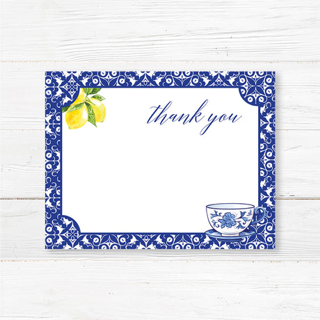 Baby shower thank-you card featuring blue floral tea cup and lemons, printed on premium cardstock for an elegant tea party theme.