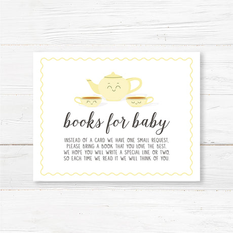 Tea for Two baby shower book request card featuring a cute teapot and teacup illustration. Encourages guests to bring a book instead of a card for the baby