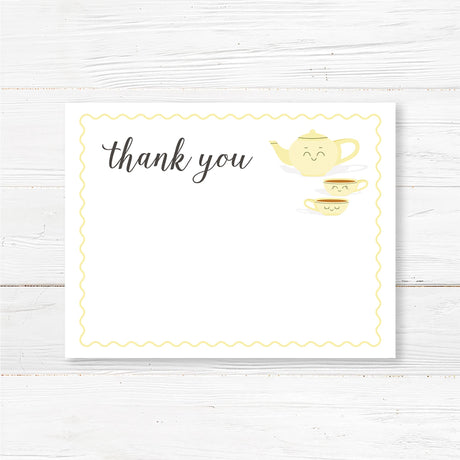 Printed Tea for Two baby shower thank you card with a smiling teapot and teacup illustration. Elegant design, perfect for expressing gratitude after a tea party baby shower.