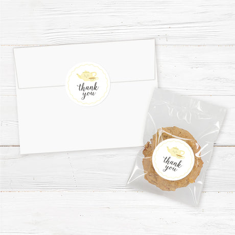 Tea party baby shower favor stickers with an adorable teapot and teacup design. High-quality printed adhesive labels for sealing favor bags, jars, or boxes