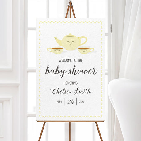 Tea for Two baby shower welcome sign with vintage-style teapot and teacup illustration. Professionally printed, ideal for greeting guests at a tea-themed baby shower