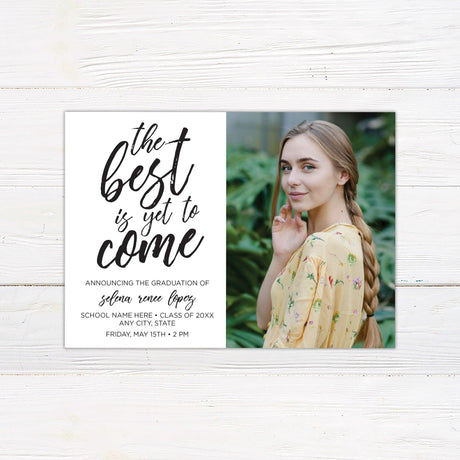 Elegant graduation announcement featuring a modern script quote on the front with a personalized photo. The back includes two photos and the graduation year. Black.