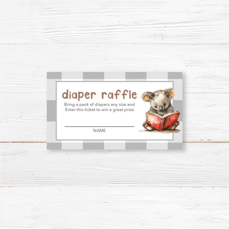 Diaper Raffle ticket featuring a watercolor koala reading a red book, set against a neutral buffalo plaid background. Text reads "The Next Chapter is about to begin," with customizable event details. Perfect for literary or woodland-themed celebrations.