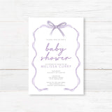 Tied with a Ribbon Baby Shower Invitation featuring purple ribbon design and customizable text on white cardstock for gender-neutral showers.