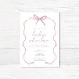 Tied with a Ribbon Baby Shower Invitation with pink ribbon and elegant typography on white cardstock.