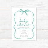 Tied with a Ribbon baby shower invitation with teal ribbon design on white cardstock, personalized for Melissa Curry.