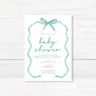 Tied with a Ribbon baby shower invitation with teal ribbon design on white cardstock, personalized for Melissa Curry.