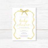 Tied with a Ribbon Baby Shower Invitation with gold ribbon design on white cardstock, ideal for gender-neutral celebrations.