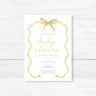 Tied with a Ribbon Baby Shower Invitation with gold ribbon design on white cardstock, ideal for gender-neutral celebrations.
