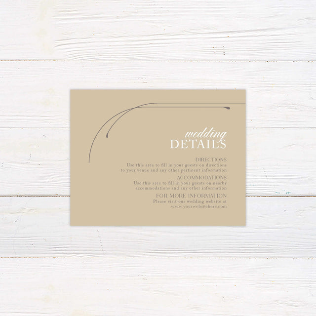 Printed wedding detail card in a warm taupe shade with minimalist gold curve accents framing the top and bottom corners. Features clear serif typography for directions, accommodations, and website details. A perfect insert for modern or destination weddings, offering guests essential travel information while maintaining a cohesive and luxurious design. Designed to match the Timeless Curve stationery suite for an elevated, curated invitation experience.