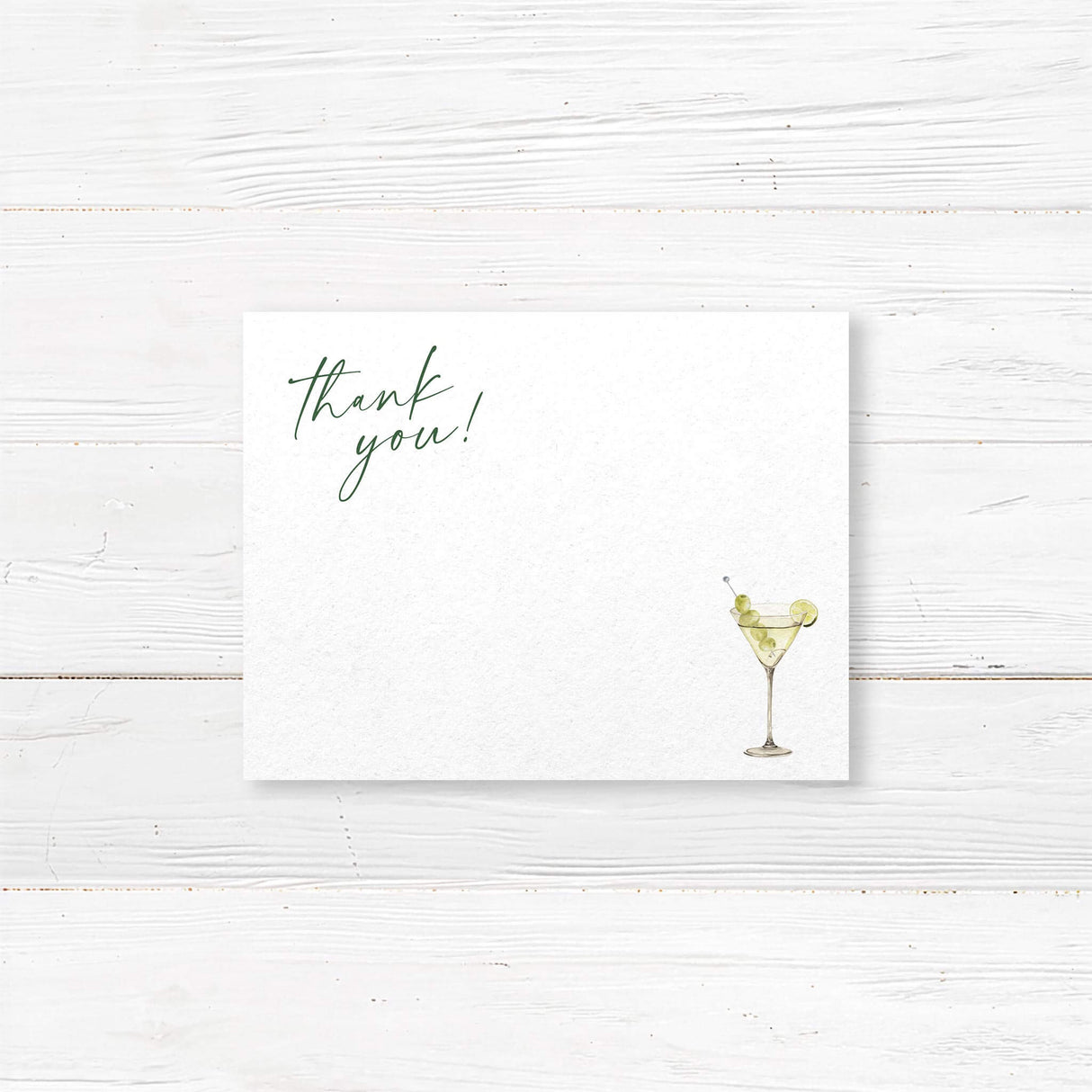 Thank you card featuring watercolor martini glass with green olives and lime, paired with modern script and serif fonts. Matches the “Tini Bit Older” birthday party suite.