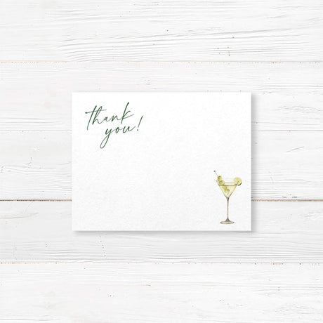 Thank you card featuring watercolor martini glass with green olives and lime, paired with modern script and serif fonts. Matches the “Tini Bit Older” birthday party suite.