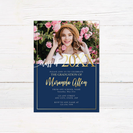 A graduation invitation with a large photo on the top and a customizable color block on the bottom displaying the graduate’s name and event details. The back of the invitation features a full portrait of the graduate with the graduation year displayed at the bottom. The color block can be adjusted to match the graduate’s school colors. Navy.