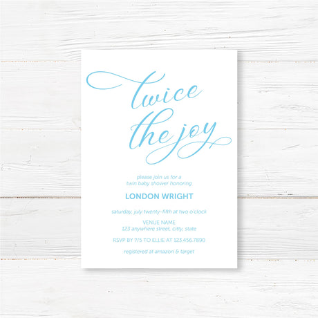 Professionally printed twin baby shower invitation with “Twice the Joy” modern script design and customizable event details