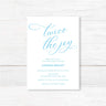 Professionally printed twin baby shower invitation with “Twice the Joy” modern script design and customizable event details