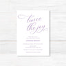 Professionally printed twin baby shower invitation with “Twice the Joy” modern script design and customizable event details