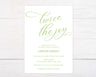Professionally printed twin baby shower invitation with “Twice the Joy” modern script design and customizable event details