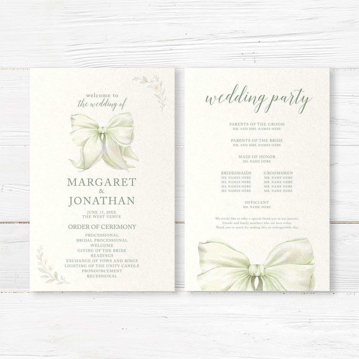 Wedding ceremony program featuring bow and floral theme