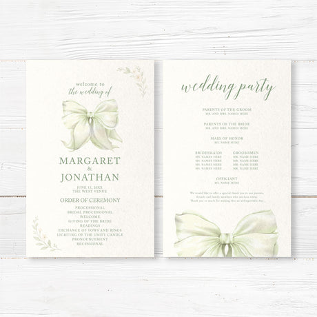 Wedding ceremony program featuring bow and floral theme