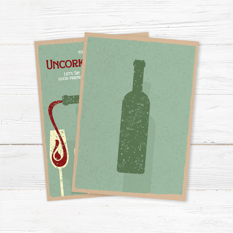 Vintage wine tasting party invitation with red wine pouring into glasses, rustic green and red color palette - back