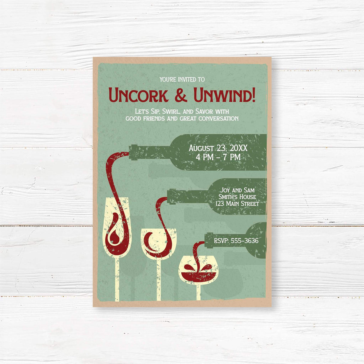 Vintage wine tasting party invitation with red wine pouring into glasses, rustic green and red color palette