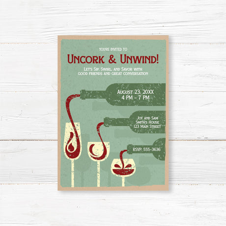 Vintage wine tasting party invitation with red wine pouring into glasses, rustic green and red color palette
