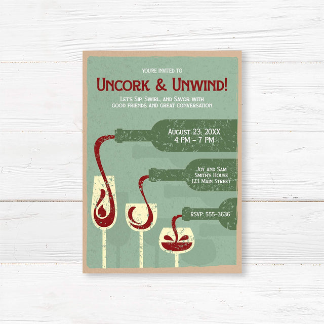 Vintage wine tasting party invitation with red wine pouring into glasses, rustic green and red color palette