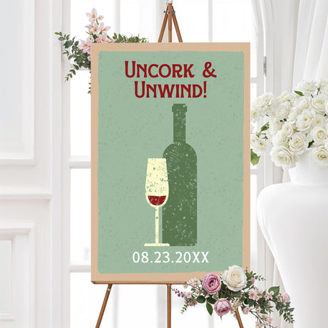 Rustic wine welcome sign with bottle and wine pour graphics, ideal for wine-themed parties or vineyard events