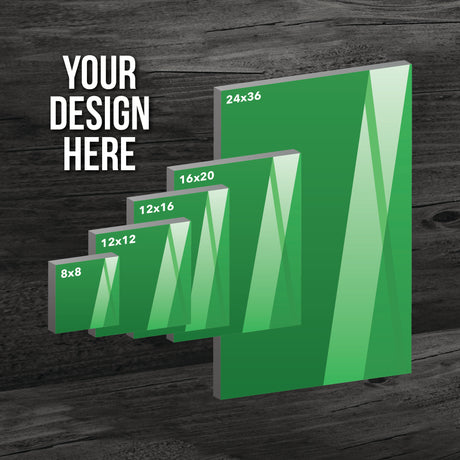 Upload Your Print Ready Art Canvas in various sizes displayed on a wooden background for custom printing.