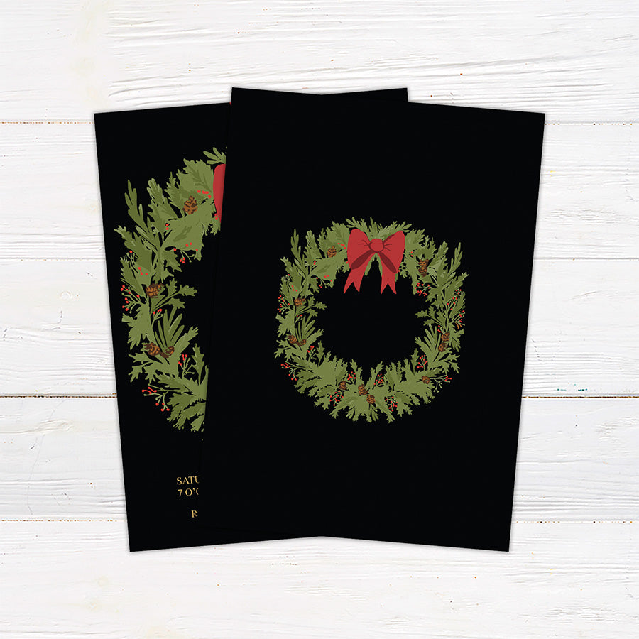 Vintage Evergreen Wreath Christmas party invitation featuring a botanical wreath with red bow on a dark background.