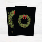 Vintage Evergreen Wreath Christmas party invitation featuring a botanical wreath with red bow on a dark background.
