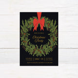 Vintage evergreen wreath Christmas party invitation featuring an evergreen wreath with pinecones, red berries, and a large red bow. Gold lettering appears against a dark background with a coordinating wreath design on the back.