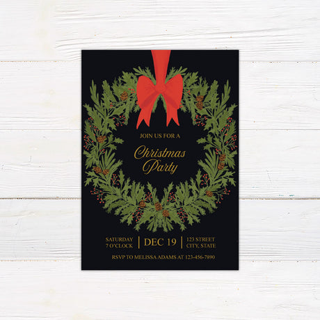 Vintage evergreen wreath Christmas party invitation featuring an evergreen wreath with pinecones, red berries, and a large red bow. Gold lettering appears against a dark background with a coordinating wreath design on the back.
