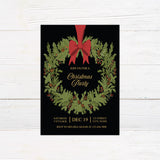 Vintage Evergreen Wreath Christmas party invitation featuring an illustrated wreath with red bow and berries.