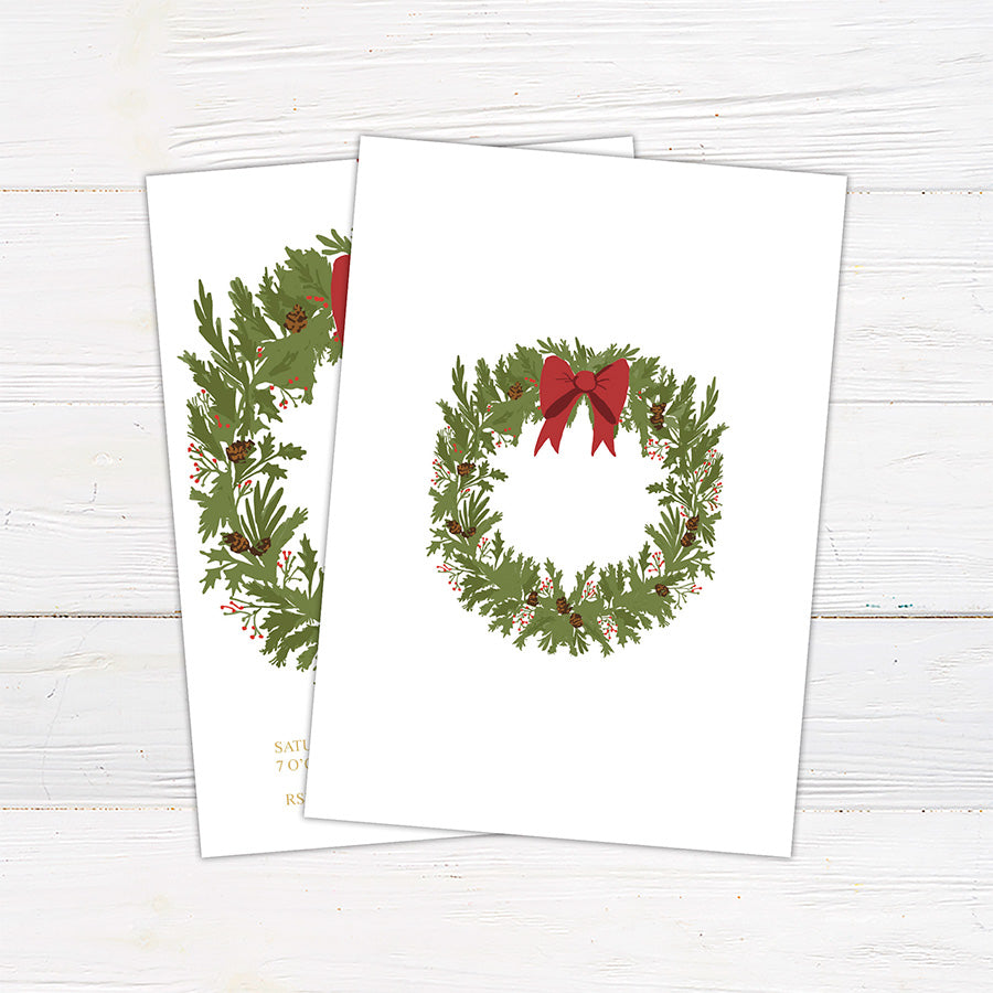 Vintage Evergreen Wreath Christmas party invitation featuring a wreath with red bow and festive greenery.