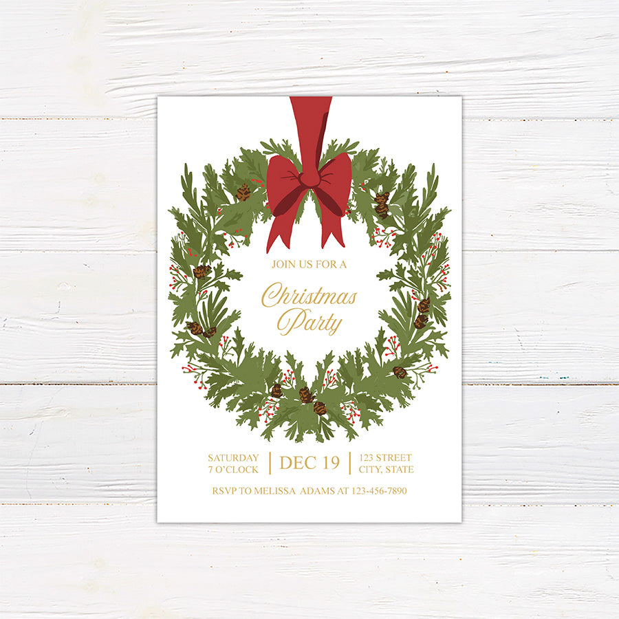 Vintage Evergreen Wreath Christmas party invitation with holly and red bow on a white background.