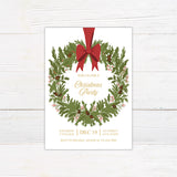 Vintage Evergreen Wreath Christmas party invitation with holly and red bow on a white background.