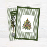 Personalized family Christmas photo card featuring a classic striped border, large family photograph, Merry Christmas greeting, and custom family name. The coordinating back features a decorated Christmas tree framed by matching pinstripes.