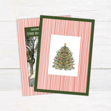Personalized family Christmas photo card featuring a classic striped border, large family photograph, Merry Christmas greeting, and custom family name. The coordinating back features a decorated Christmas tree framed by matching pinstripes.