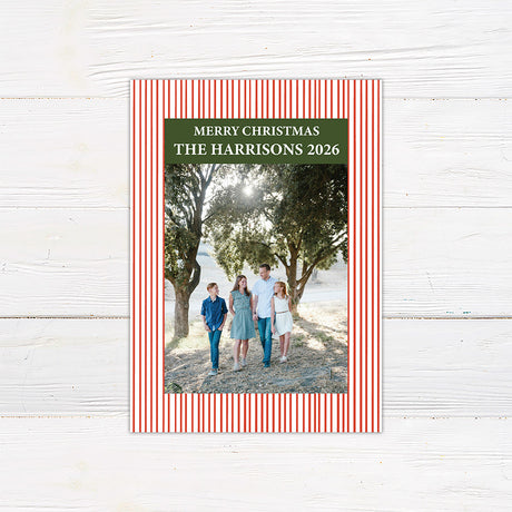Personalized Vintage Striped family Christmas photo card featuring a classic striped border, large family photograph, Merry Christmas greeting, and custom family name. The coordinating back features a decorated Christmas tree framed by matching pinstripes. red