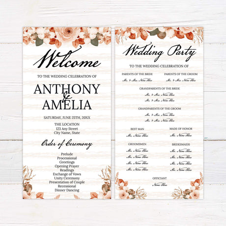 Wedding program designed with warm autumn florals and elegant typefaces.
